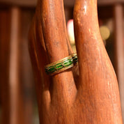 Vintage MMA 14K Gold Green Enamel Diamond Chip Band Ring, Layered Guilloche Enamel, Diamond Pave 'X', 8mm Gold Band, Size 9 US