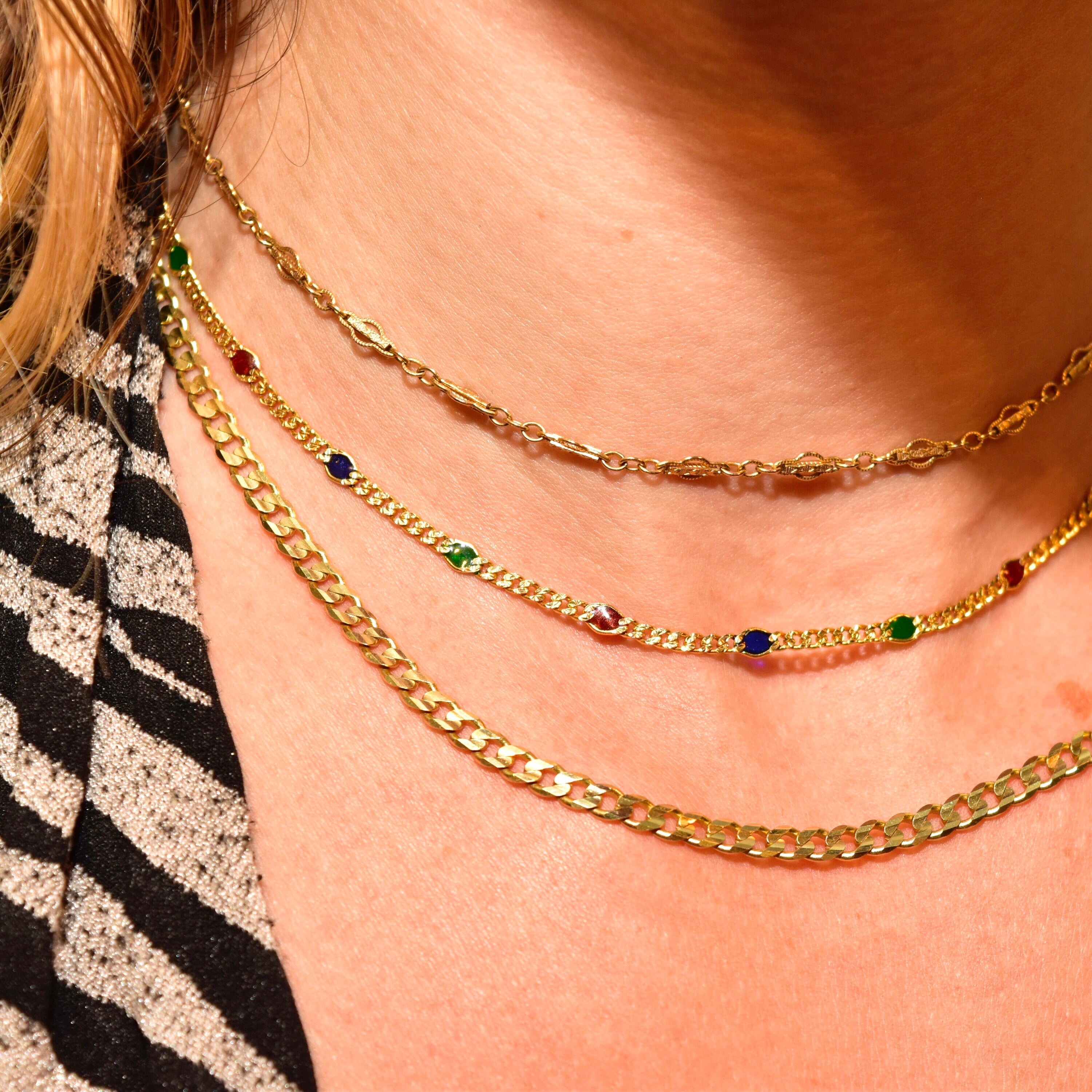 Vintage Italian 14K Yellow Gold Multi-Color Enamel Station Necklace, Textured Yellow Gold Curb Link Chain, Red Green & Blue Enamel, 16" L