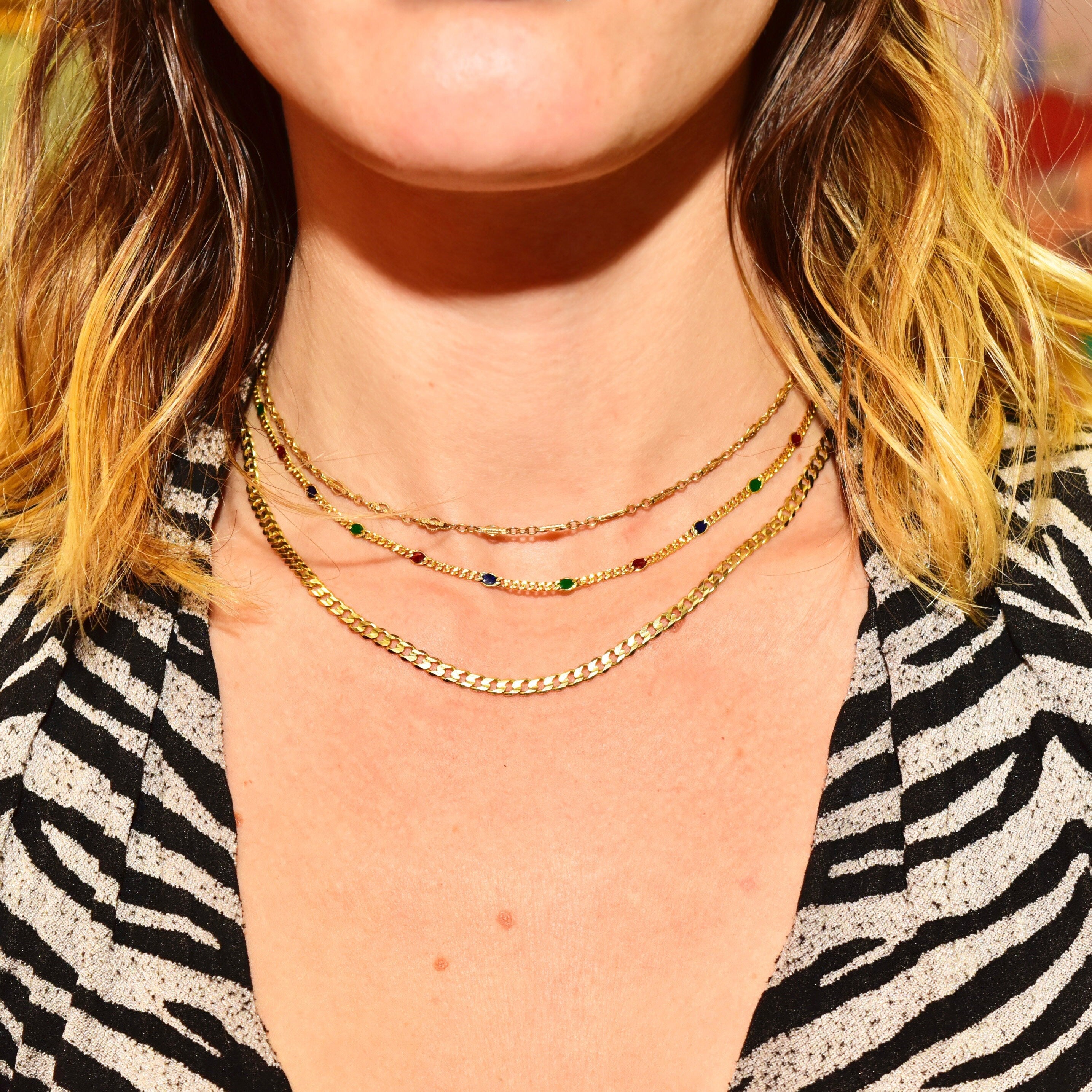 Vintage Italian 14K Yellow Gold Multi-Color Enamel Station Necklace, Textured Yellow Gold Curb Link Chain, Red Green & Blue Enamel, 16" L