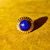 14K Lapis Lazuli Cabochon Ring, Hollow Yellow Gold Cocktail Ring, Cobalt Blue Gemstone Solitaire, Size 7 1/2 US