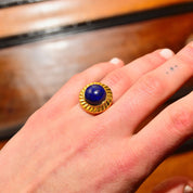 14K Lapis Lazuli Cabochon Ring, Hollow Yellow Gold Cocktail Ring, Cobalt Blue Gemstone Solitaire, Size 7 1/2 US