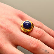 14K Lapis Lazuli Cabochon Ring, Hollow Yellow Gold Cocktail Ring, Cobalt Blue Gemstone Solitaire, Size 7 1/2 US