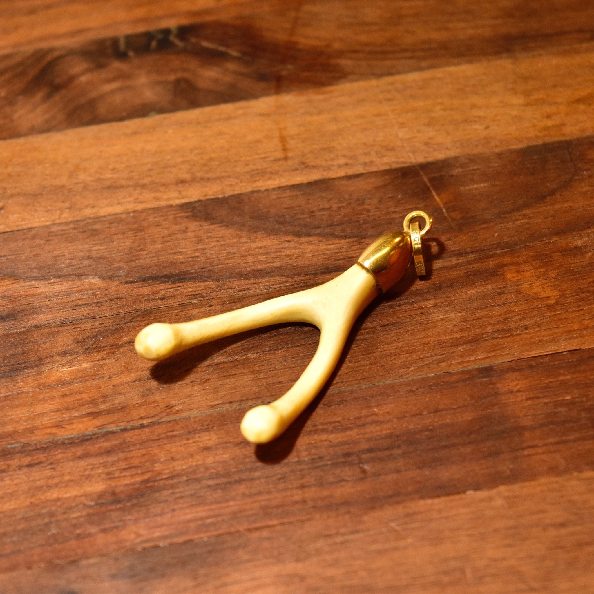 Vintage 18K Gold Wishbone Charm Pendant, Yellow Gold Cap & Bail, Epoxy Cast Bird Wishbone, Occultist Jewelry, 2 1/4" L