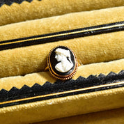 Antique 10K Gold Black & White Onyx Lady's Cameo Ring, Understated Gold Drop Setting, Petite Yellow Gold Cameo Ring, Size 5 US