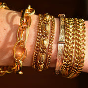 Vintage Mid-Century Gold Tone Beetle Link Bracelet, Chunky Multi-Row Link Chain, Curb Link Chains, Snap Clasp & Security Chain, 7 1/4"