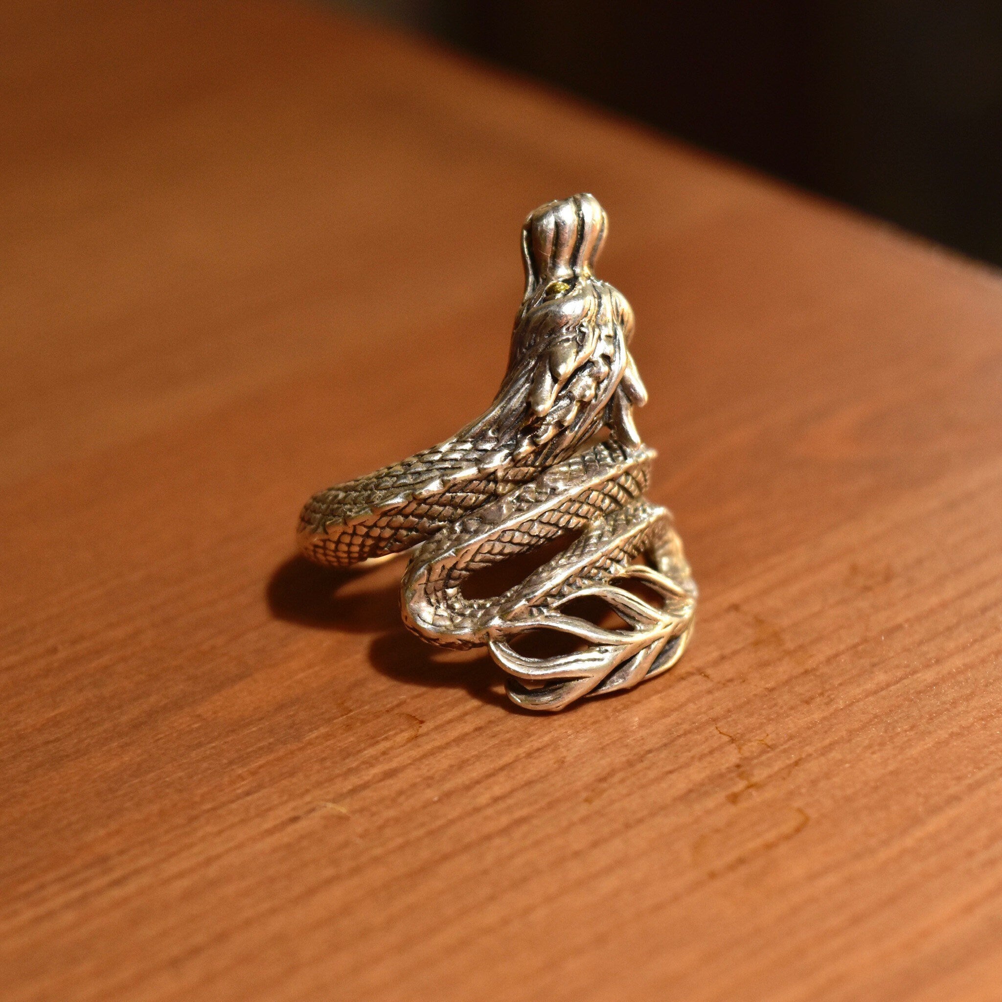 Vintage Sterling Silver + 18K Naga Dragon Coil Ring, After John Hardy, Gold Eyed Dragon Wrap Ring, Adjustable, Size 7-11 US
