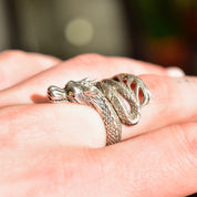 Vintage Sterling Silver + 18K Naga Dragon Coil Ring, After John Hardy, Gold Eyed Dragon Wrap Ring, Adjustable, Size 7-11 US