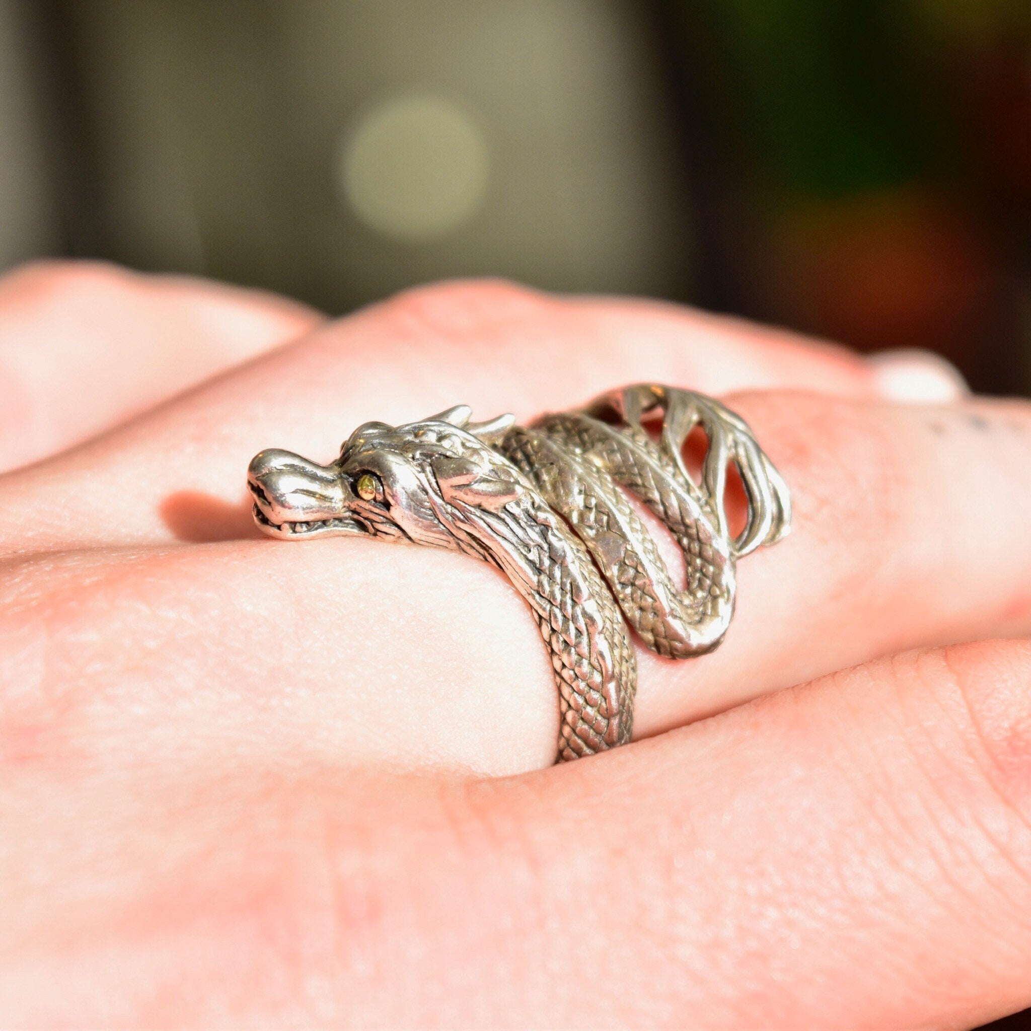 Vintage Sterling Silver + 18K Naga Dragon Coil Ring, After John Hardy, Gold Eyed Dragon Wrap Ring, Adjustable, Size 7-11 US