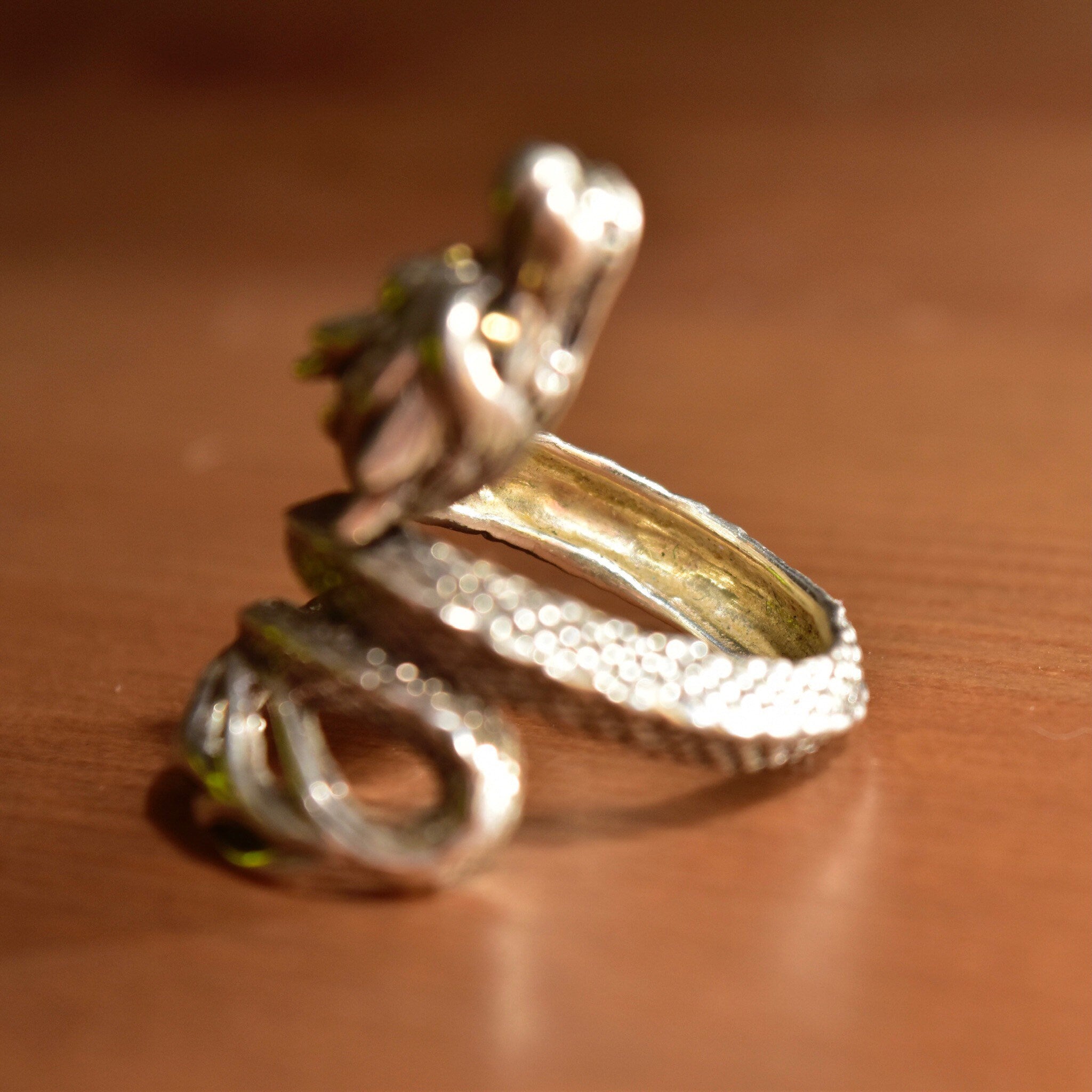 Vintage Sterling Silver + 18K Naga Dragon Coil Ring, After John Hardy, Gold Eyed Dragon Wrap Ring, Adjustable, Size 7-11 US