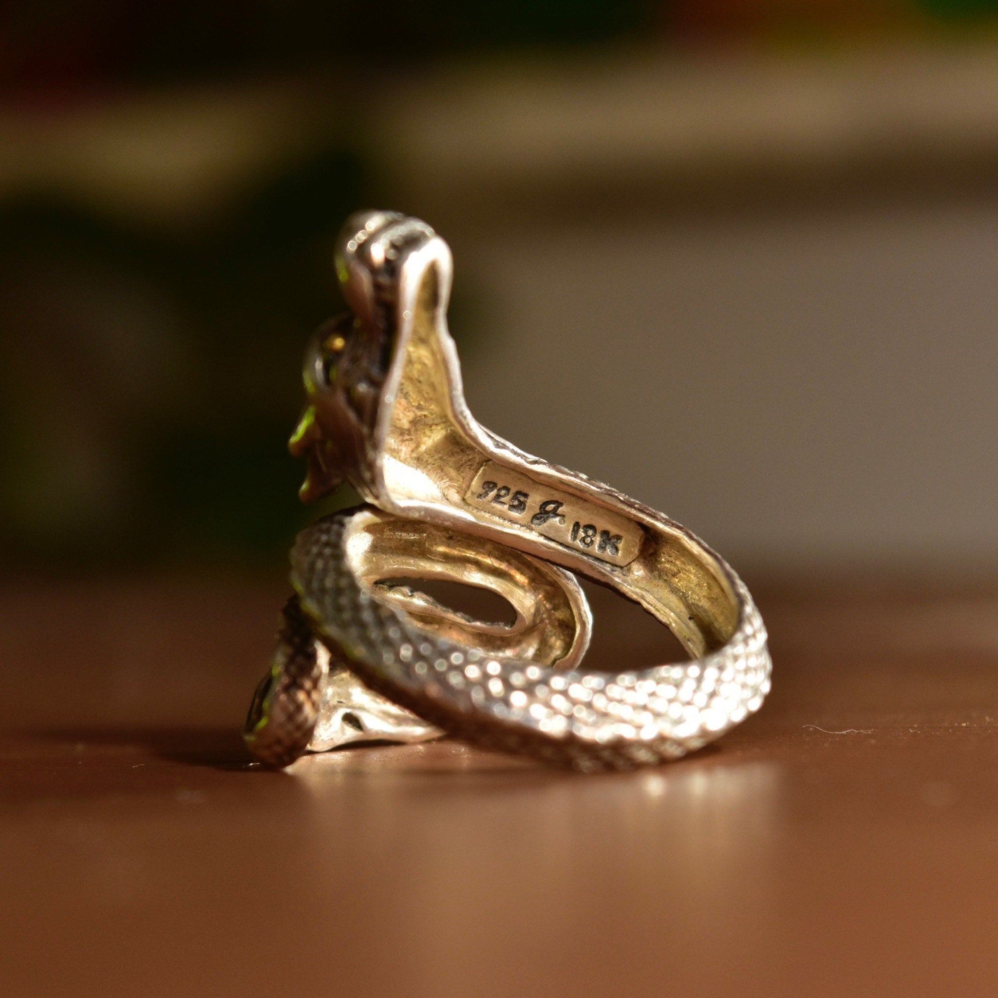 Vintage Sterling Silver + 18K Naga Dragon Coil Ring, After John Hardy, Gold Eyed Dragon Wrap Ring, Adjustable, Size 7-11 US