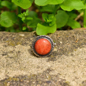 Vintage Hallmarked Sterling Silver Coral Cabochon Ring, Stipple Dot Textured Band & Setting, Natural Coral Gemstone, Bohemian, Size 7 US
