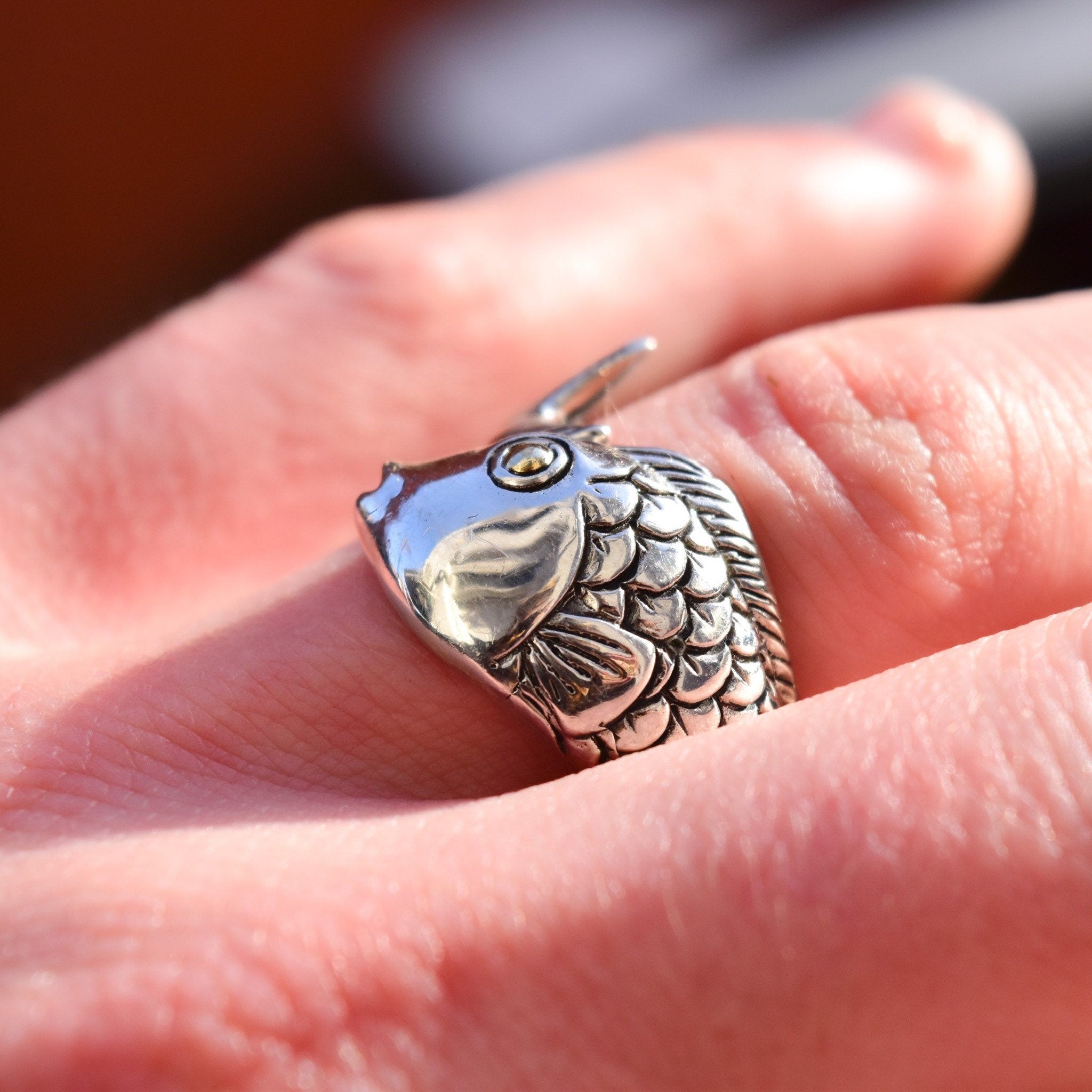 Vintage Hallmarked Sterling Silver + 18K Koi Fish Coil Ring, Scaled Silver Fish Ring, Lucky Carp Ring, Gold Eye Accents, Size 8 1/2 US