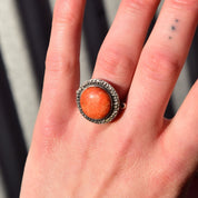 Vintage Hallmarked Sterling Silver Coral Cabochon Ring, Stipple Dot Textured Band & Setting, Natural Coral Gemstone, Bohemian, Size 7 US