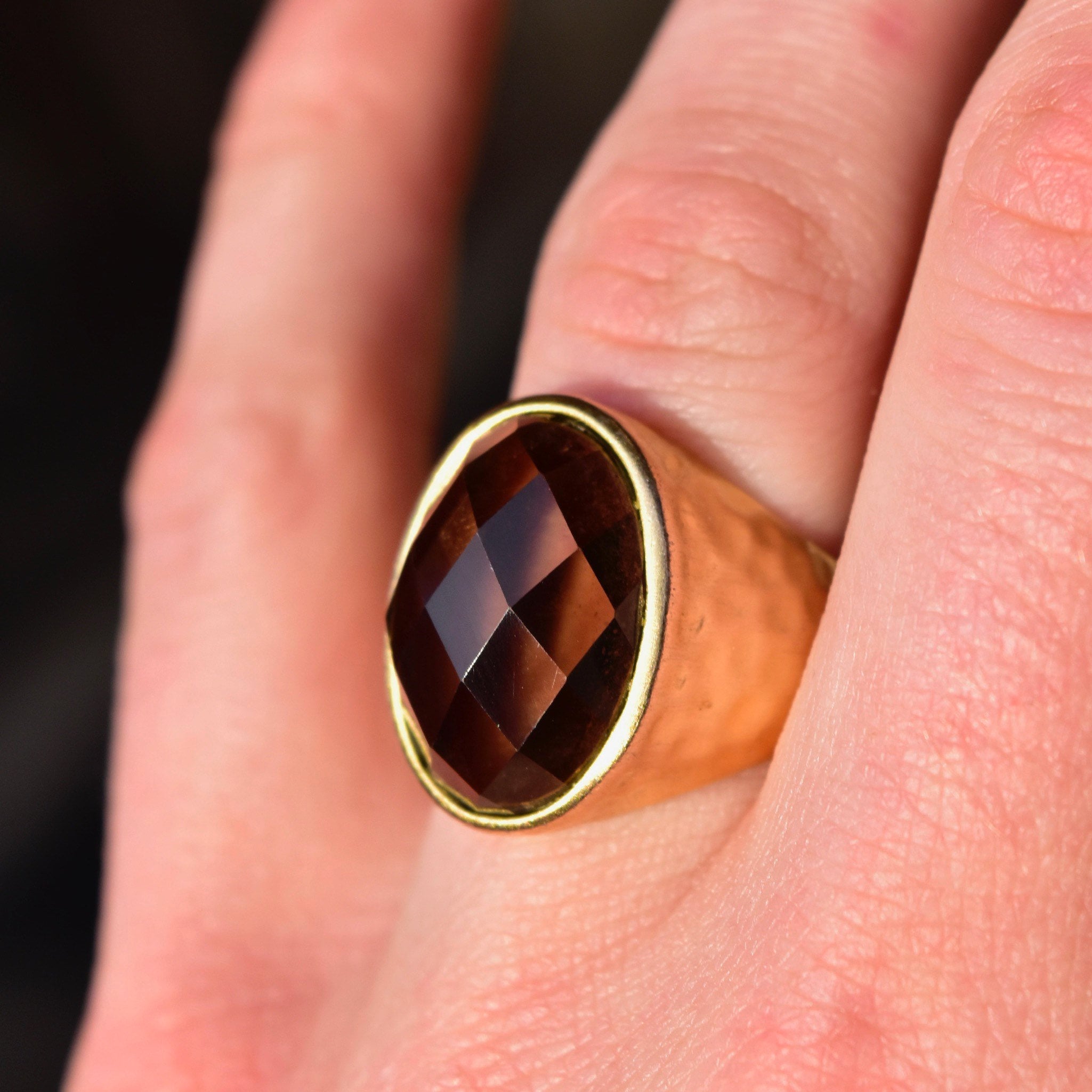 Vintage Gold Plated Sterling Silver Faceted Champagne Glass Ring, Hammered Crinkle Gold-Tone Cocktail Ring, 925 China, Size 7 US