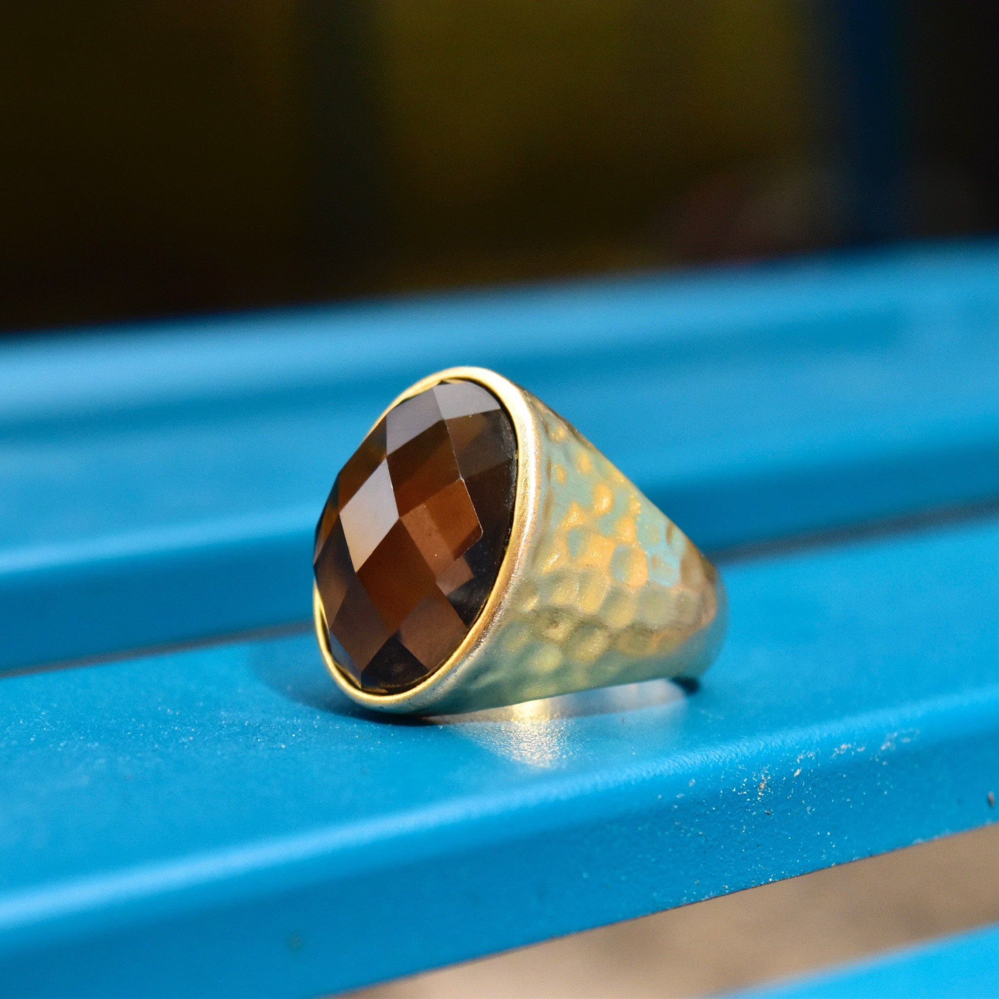 Vintage Gold Plated Sterling Silver Faceted Champagne Glass Ring, Hammered Crinkle Gold-Tone Cocktail Ring, 925 China, Size 7 US