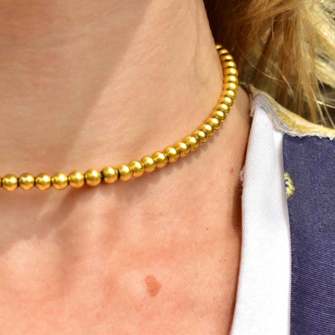 Vintage 14K Yellow Gold Beaded Choker Necklace, 4.25mm Gold Beads Strung On Foxtail Chain, Stacking Necklace, 585 Jewelry, 14" L