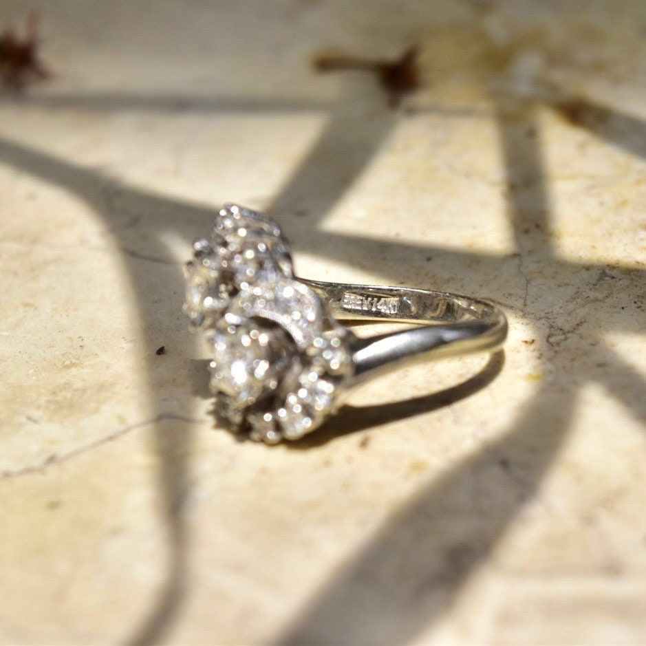 Dazzling 14K White Gold Double Bypass Diamond Cluster Ring, .92 TCW, Harold Freeman EREV, Size 7 US
