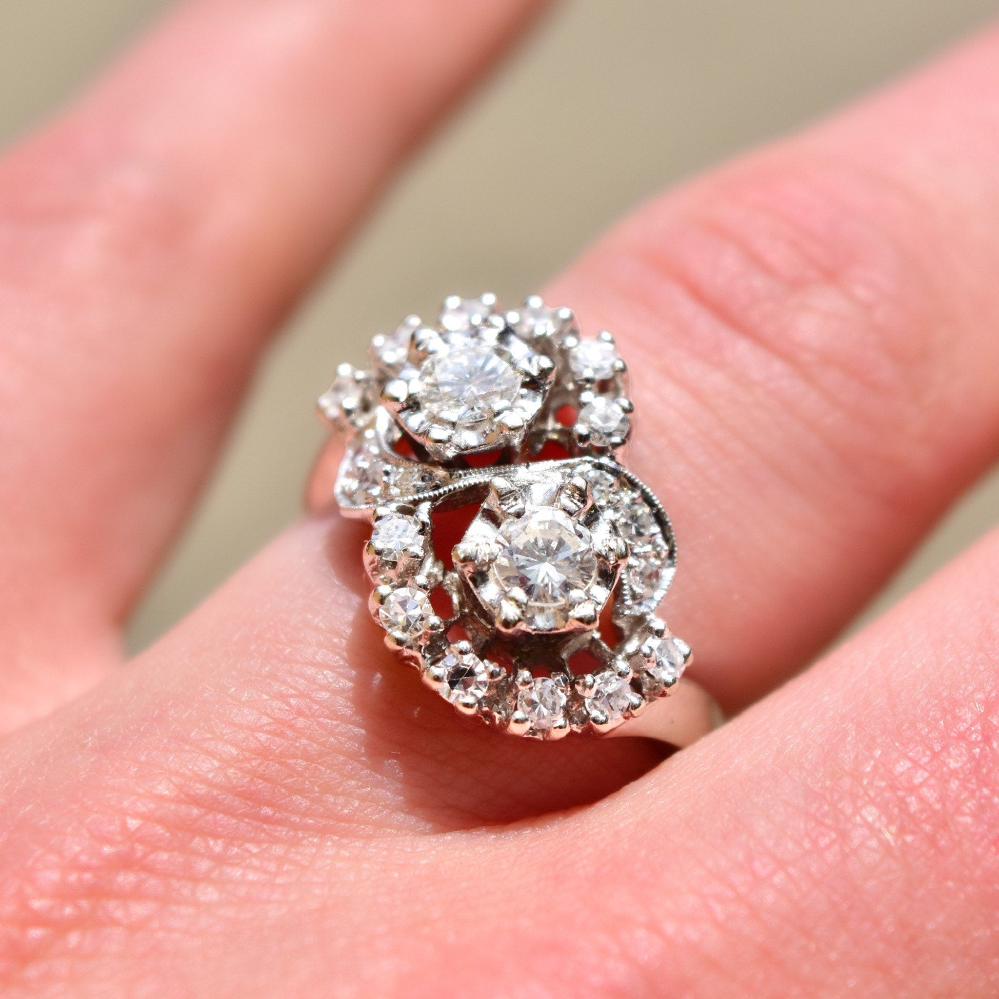 Dazzling 14K White Gold Double Bypass Diamond Cluster Ring, .92 TCW, Harold Freeman EREV, Size 7 US