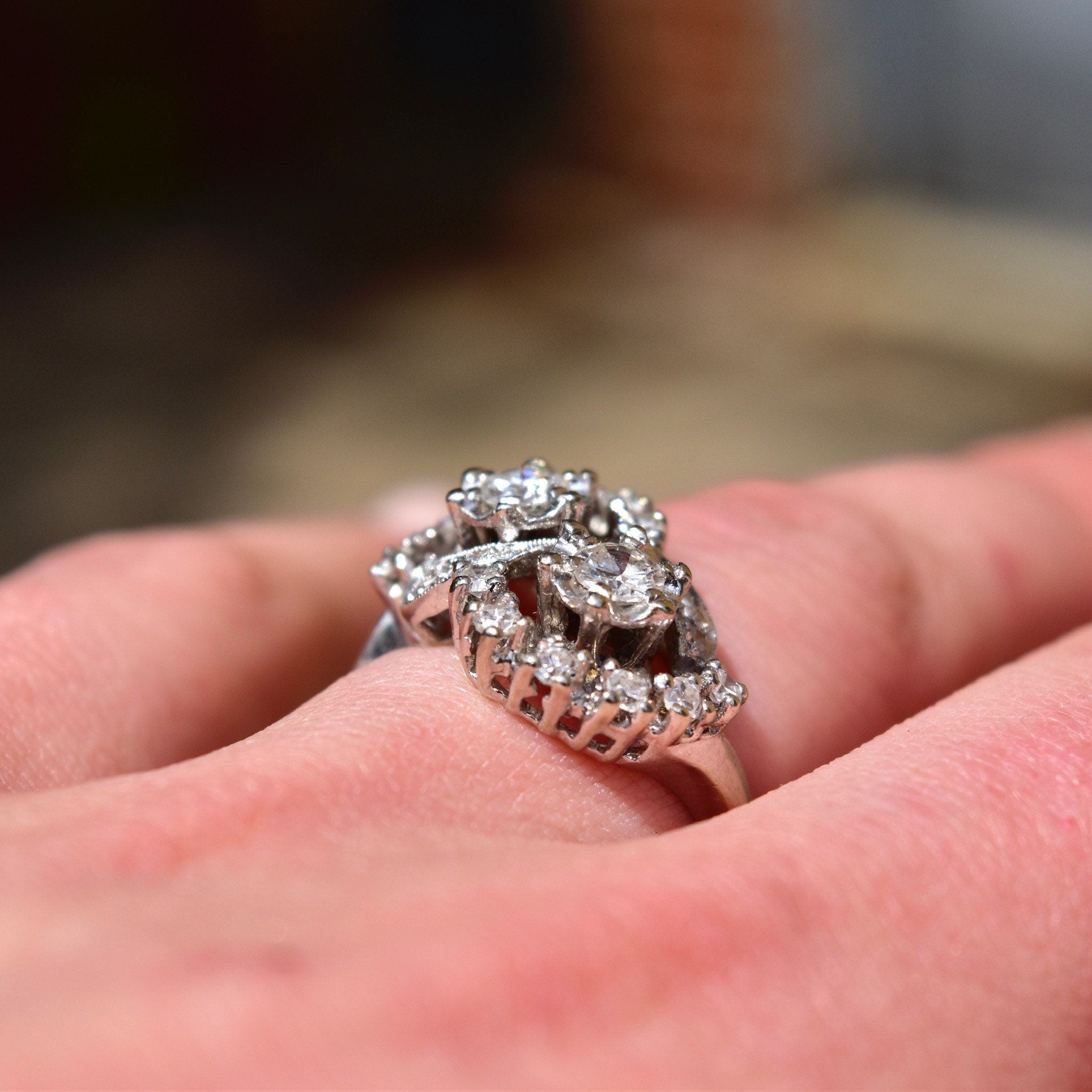 Dazzling 14K White Gold Double Bypass Diamond Cluster Ring, .92 TCW, Harold Freeman EREV, Size 7 US