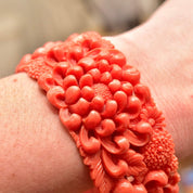 Vintage Floral Carved Celluloid Coral Bangle Bracelet, Wide Orange Bangle, Intricate Floral Designs, Stacking Bracelets, 8 L