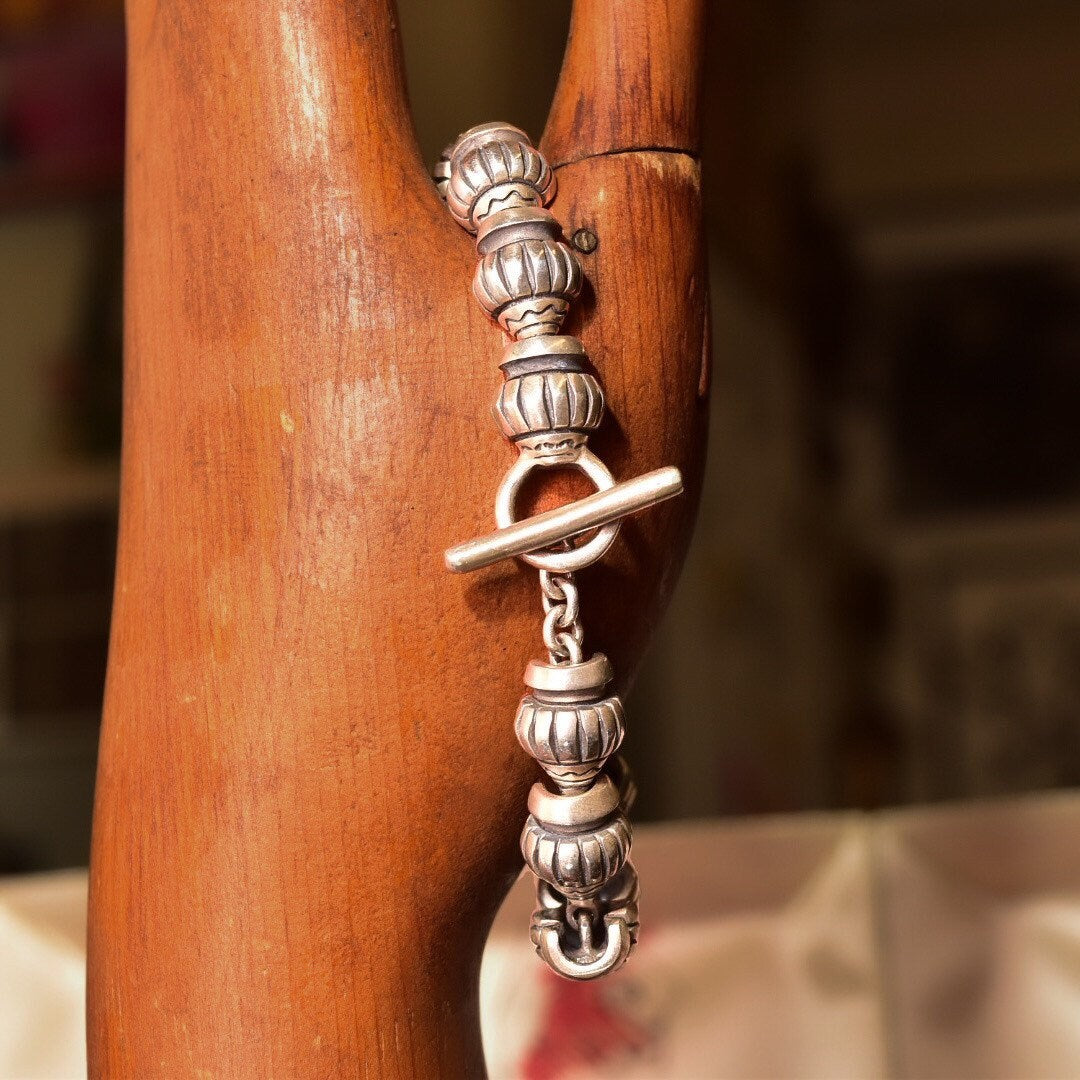 Vintage Lisa Jenks Sterling Silver Link Bracelet, Chunky Heavy Articulated Link Bracelet, Engraved Bead Design, Toggle Clasp, 7 1/2 L