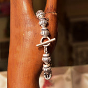 Vintage Lisa Jenks Sterling Silver Link Bracelet, Chunky Heavy Articulated Link Bracelet, Engraved Bead Design, Toggle Clasp, 7 1/2 L