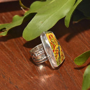 Vintage Artisan Sterling Silver Hand Painted Stone Statement Ring, Colorful Yellow Painted Scene, Wide Floral/Bamboo Band, Size 8 1/2 US