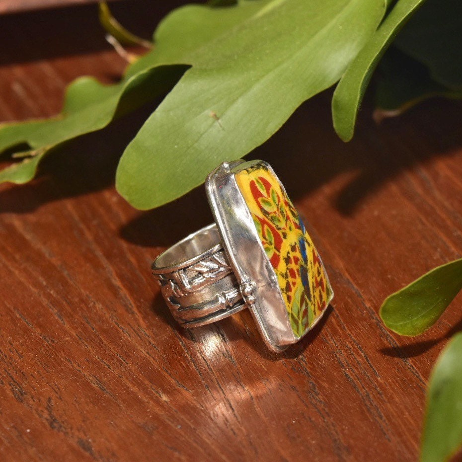 Vintage Artisan Sterling Silver Hand Painted Stone Statement Ring, Colorful Yellow Painted Scene, Wide Floral/Bamboo Band, Size 8 1/2 US