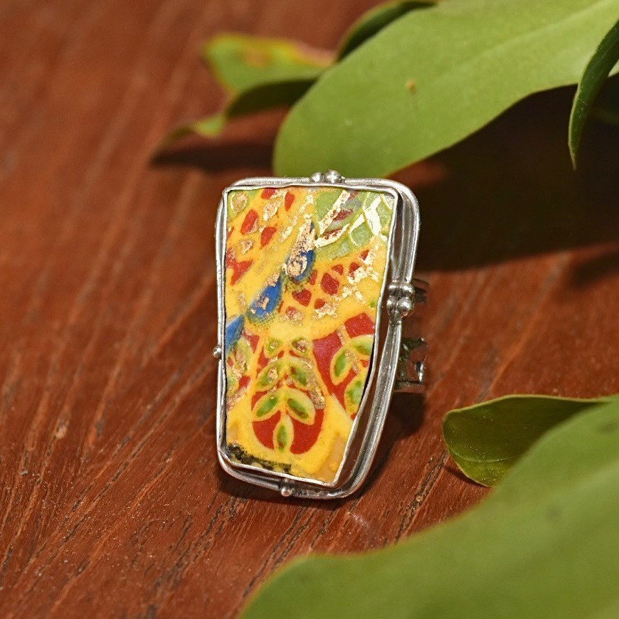 Vintage Artisan Sterling Silver Hand Painted Stone Statement Ring, Colorful Yellow Painted Scene, Wide Floral/Bamboo Band, Size 8 1/2 US