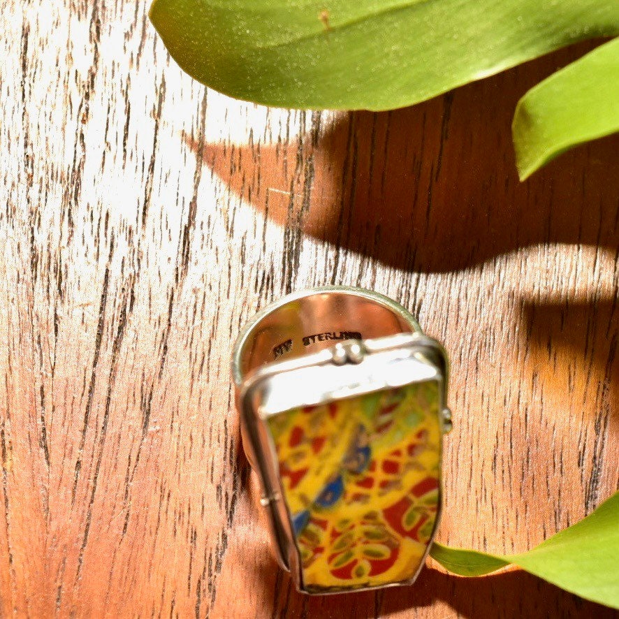 Vintage Artisan Sterling Silver Hand Painted Stone Statement Ring, Colorful Yellow Painted Scene, Wide Floral/Bamboo Band, Size 8 1/2 US