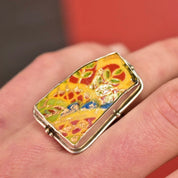 Vintage Artisan Sterling Silver Hand Painted Stone Statement Ring, Colorful Yellow Painted Scene, Wide Floral/Bamboo Band, Size 8 1/2 US