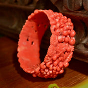 Vintage Floral Carved Celluloid Coral Bangle Bracelet, Wide Orange Bangle, Intricate Floral Designs, Stacking Bracelets, 8 L