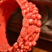 Vintage Floral Carved Celluloid Coral Bangle Bracelet, Wide Orange Bangle, Intricate Floral Designs, Stacking Bracelets, 8 L