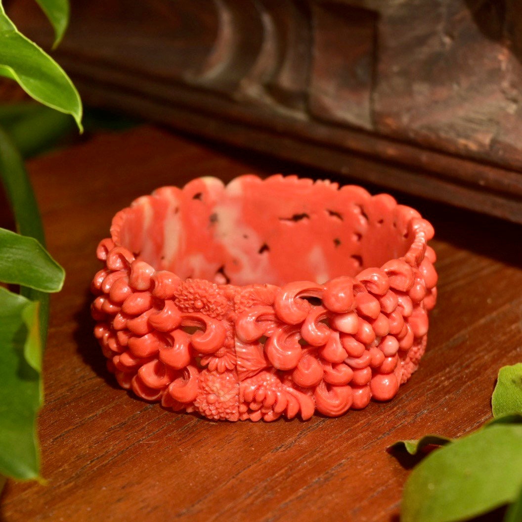 Vintage Floral Carved Celluloid Coral Bangle Bracelet, Wide Orange Bangle, Intricate Floral Designs, Stacking Bracelets, 8 L