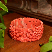 Vintage Floral Carved Celluloid Coral Bangle Bracelet, Wide Orange Bangle, Intricate Floral Designs, Stacking Bracelets, 8 L
