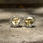 Vintage Two-Tone Sterling Silver Sun God Clip On Earrings, Gold Sun Face With Silver Rays, Mexico 925, Celestial Jewelry, 1 1/8