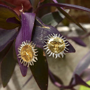 Vintage Two-Tone Sterling Silver Sun God Clip On Earrings, Gold Sun Face With Silver Rays, Mexico 925, Celestial Jewelry, 1 1/8