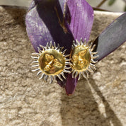 Vintage Two-Tone Sterling Silver Sun God Clip On Earrings, Gold Sun Face With Silver Rays, Mexico 925, Celestial Jewelry, 1 1/8