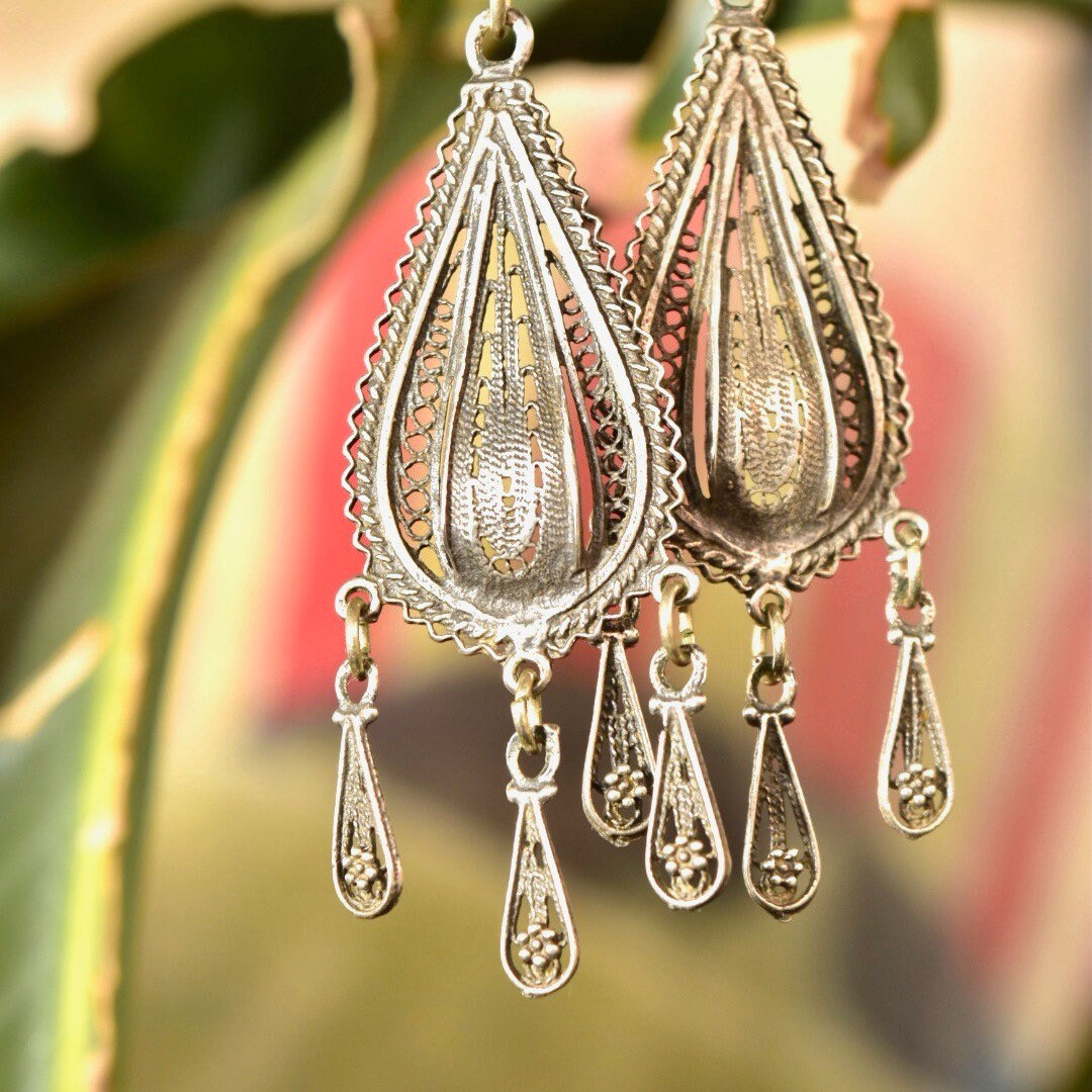 Vintage Sterling Silver Ornate Filigree Chandelier Earrings, Floral Teardrop Tassels, Latch Back Ear Wire, 7.5cm