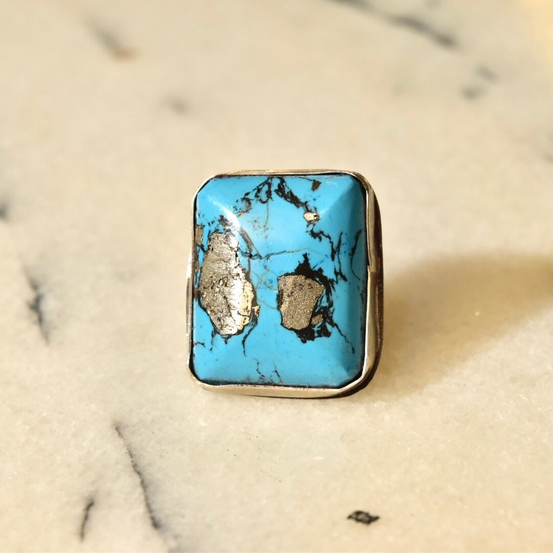 Vintage Sterling Silver Turquoise Ring with Silver Inclusions, Bohemian Silver Ring, Artisan Gemstone Jewelry, Size 8 US