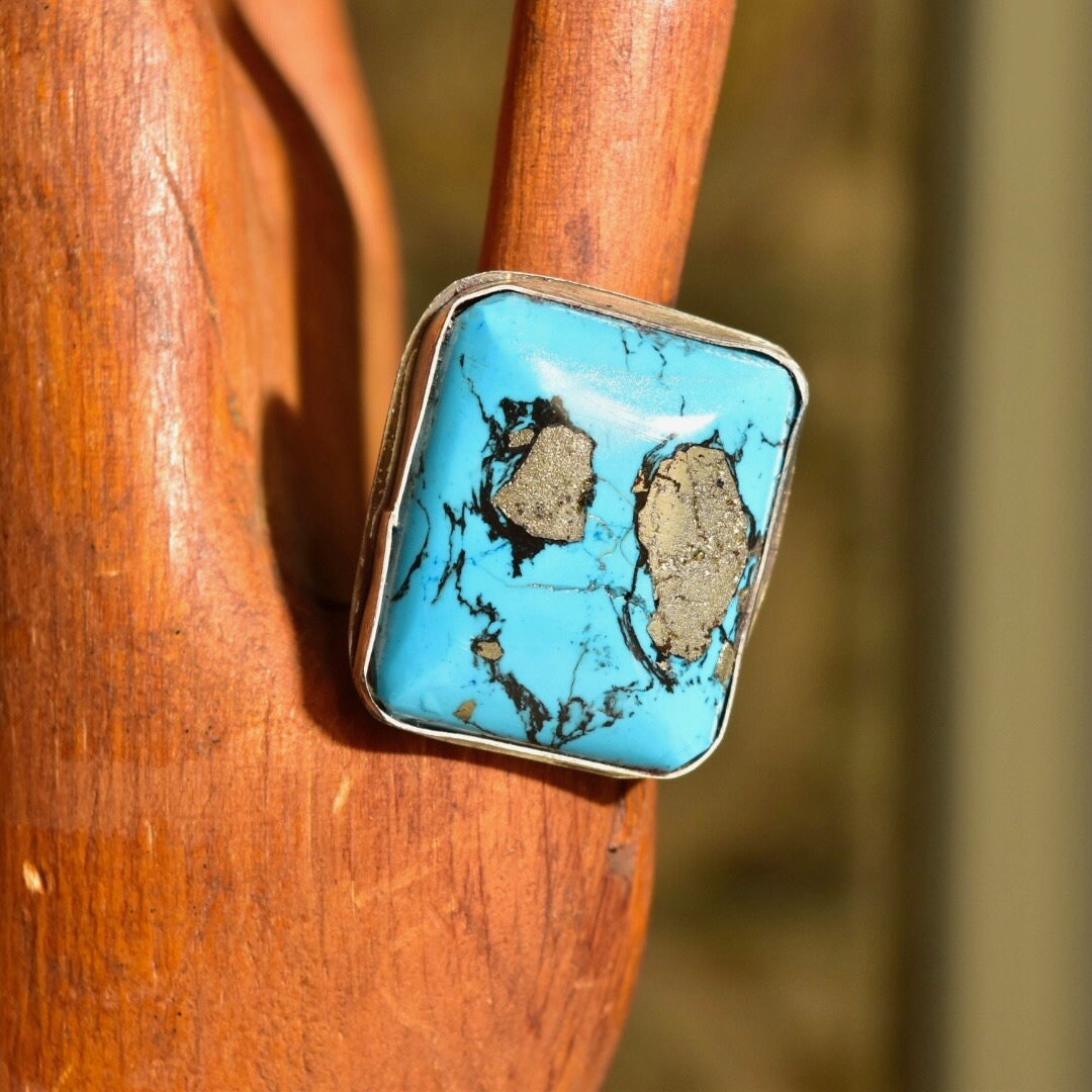 Vintage Sterling Silver Turquoise Ring with Silver Inclusions, Bohemian Silver Ring, Artisan Gemstone Jewelry, Size 8 US