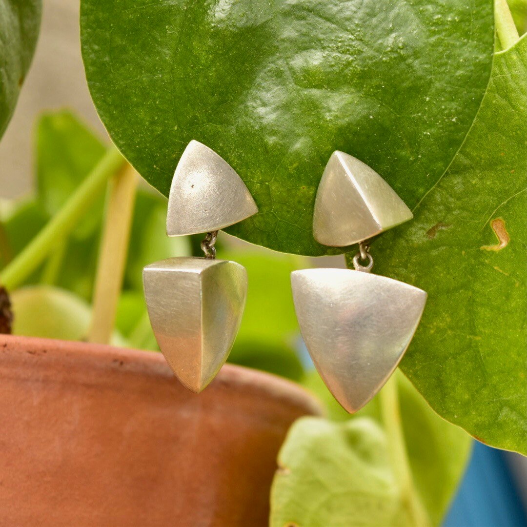 Vintage Modernist Sterling Silver Geometric Pierced Dangle Earrings, Rounded Triangular Prisms, Brushed Silver Finish, 1 1/2" L