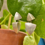 Vintage Modernist Sterling Silver Geometric Pierced Dangle Earrings, Rounded Triangular Prisms, Brushed Silver Finish, 1 1/2" L