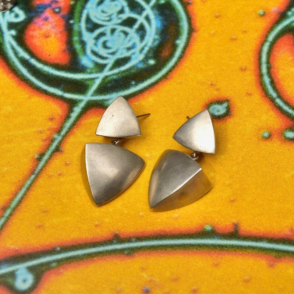 Vintage Modernist Sterling Silver Geometric Pierced Dangle Earrings, Rounded Triangular Prisms, Brushed Silver Finish, 1 1/2" L