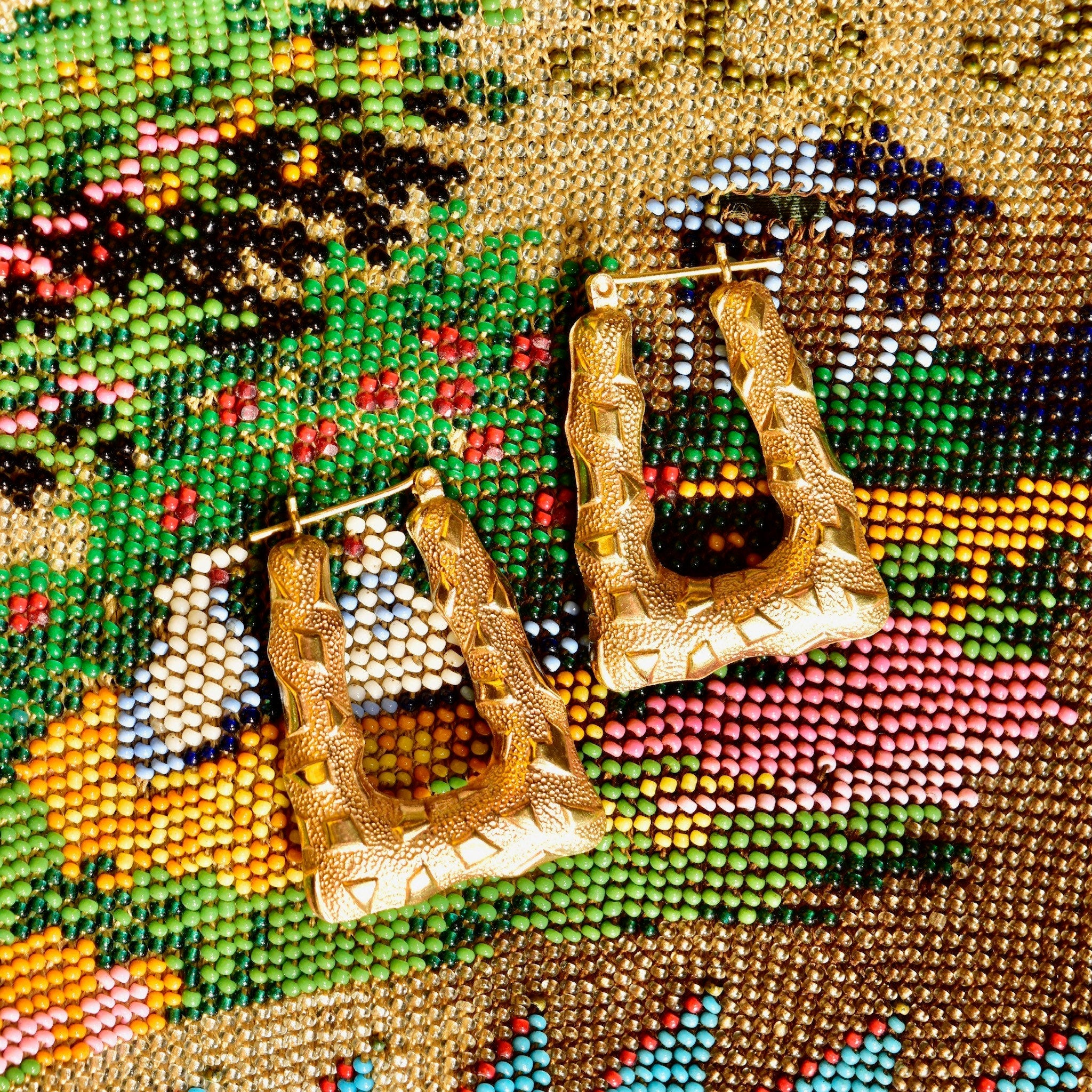 14K Rectangle Hoops W/ Textured Pattern Design, Thick Gold Hoops, Stylish Earrings, 1 3/8 L