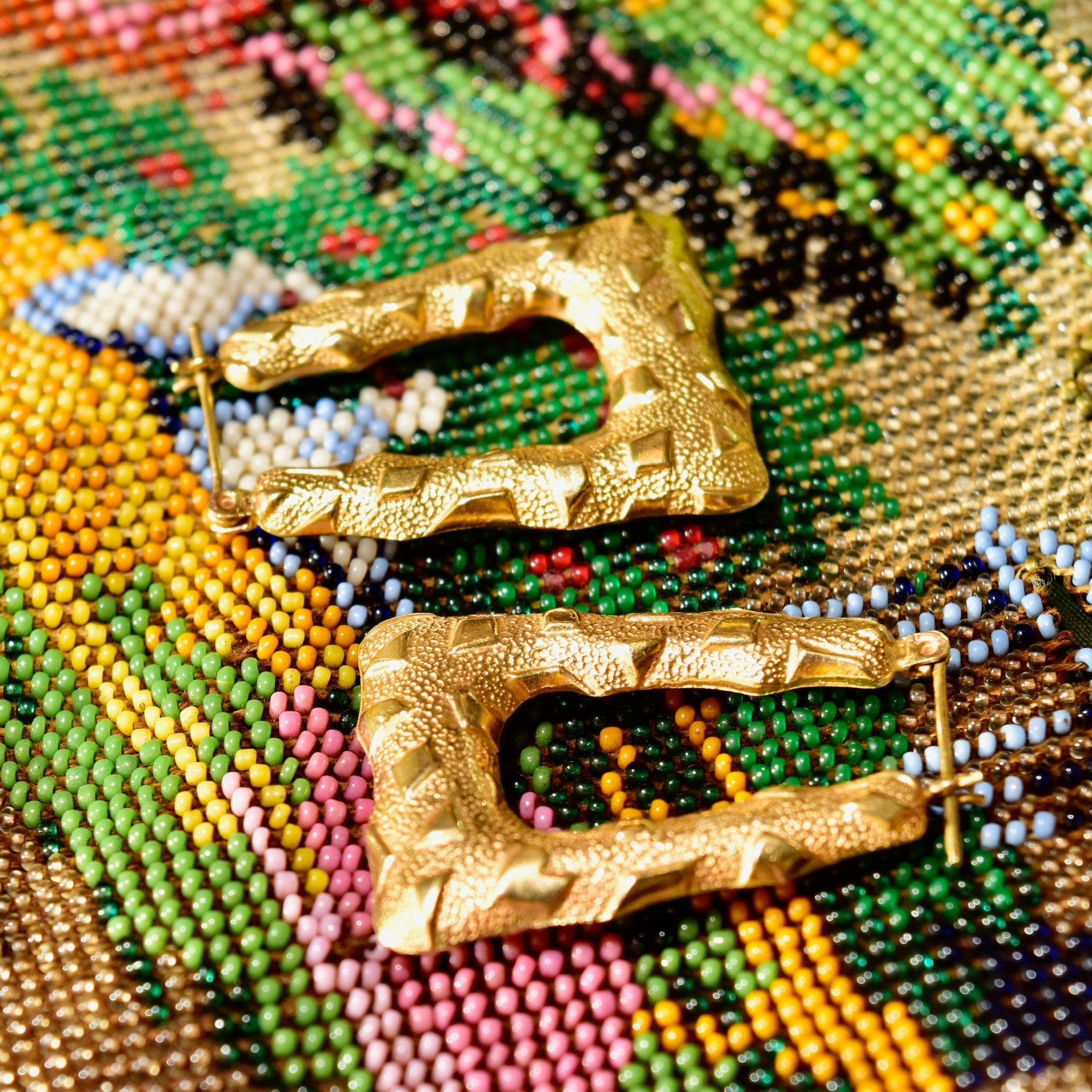 14K Rectangle Hoops W/ Textured Pattern Design, Thick Gold Hoops, Stylish Earrings, 1 3/8 L