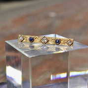 Antique Art Nouveau 14K Gold Diamond Sapphire Bar Pin, Hand Engraved Scroll Designs, Old Mine Cut Diamonds, Blue Sapphire Accents, 45mm