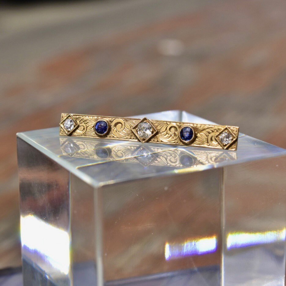 Antique Art Nouveau 14K Gold Diamond Sapphire Bar Pin, Hand Engraved Scroll Designs, Old Mine Cut Diamonds, Blue Sapphire Accents, 45mm