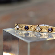 Antique Art Nouveau 14K Gold Diamond Sapphire Bar Pin, Hand Engraved Scroll Designs, Old Mine Cut Diamonds, Blue Sapphire Accents, 45mm