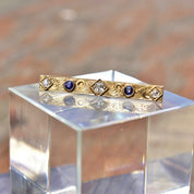 Antique Art Nouveau 14K Gold Diamond Sapphire Bar Pin, Hand Engraved Scroll Designs, Old Mine Cut Diamonds, Blue Sapphire Accents, 45mm